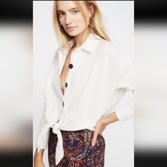 Free People Sun Streaks Tie Front Top Gauzy Button Up Tie Hem White Size Small - Picture 4 of 14